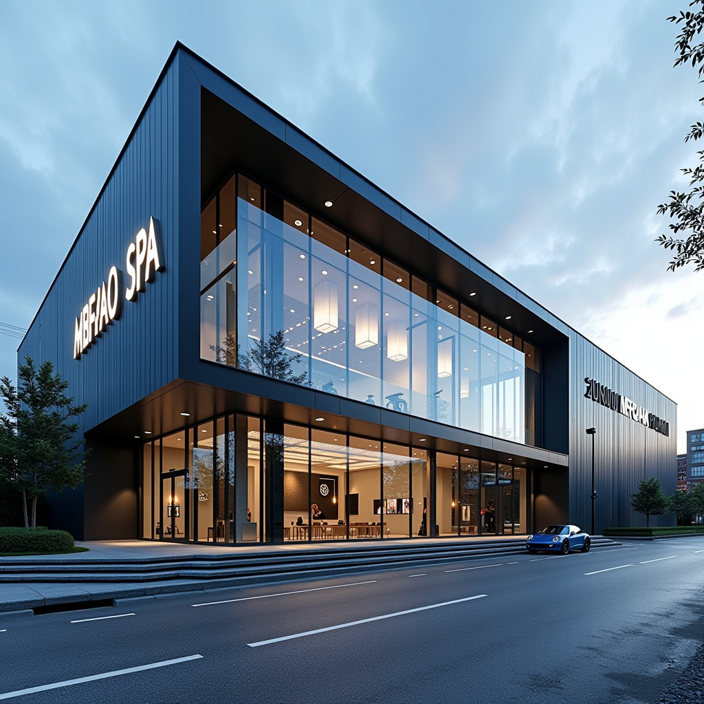 Modern corporate headquarters of MBFACTA SPA in Milano, featuring contemporary glass and steel architecture with the company logo prominently displayed on the building facade