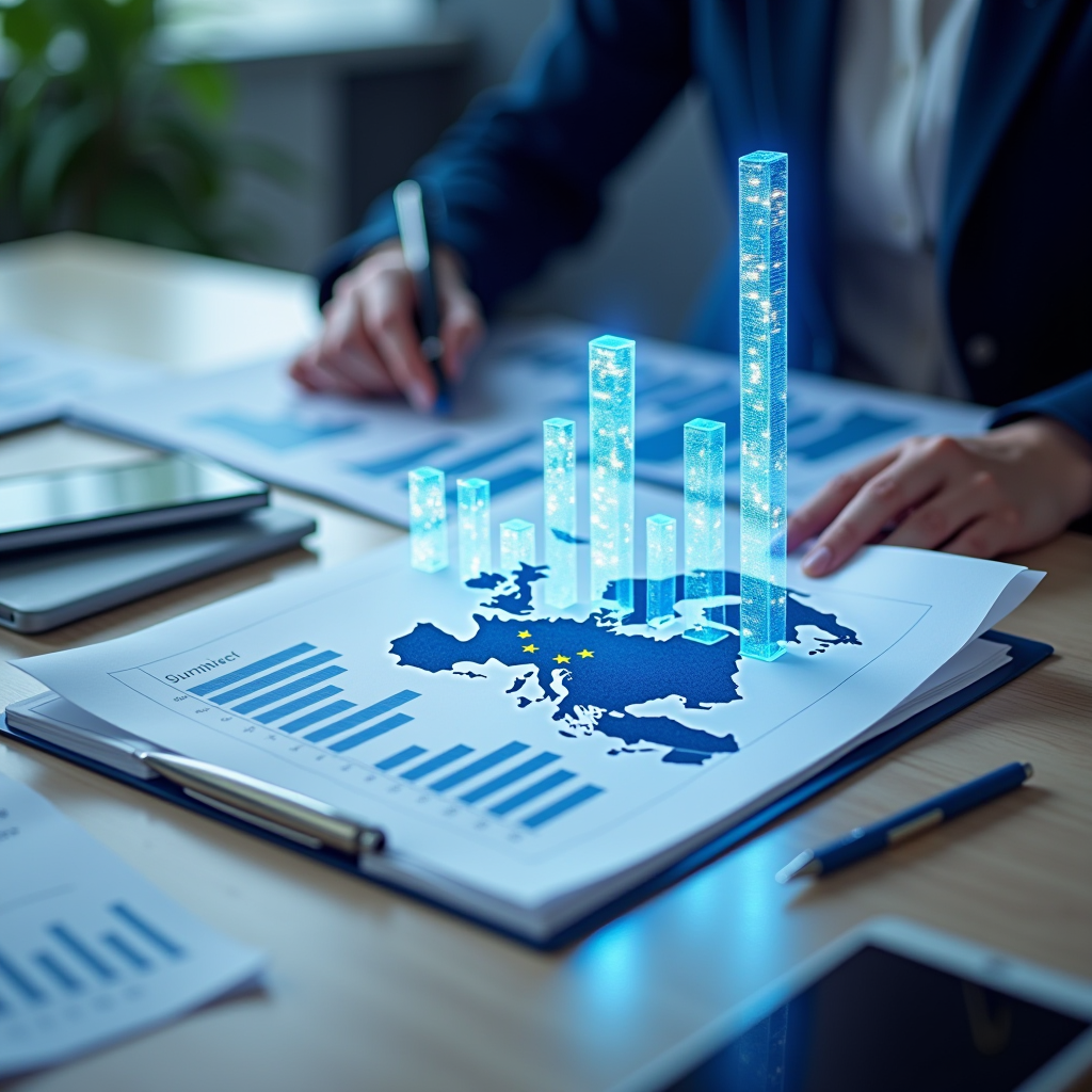 Documento normativo europeo con grafici finanziari e simboli di trasparenza, ambiente professionale con bandiera UE, stile corporate moderno