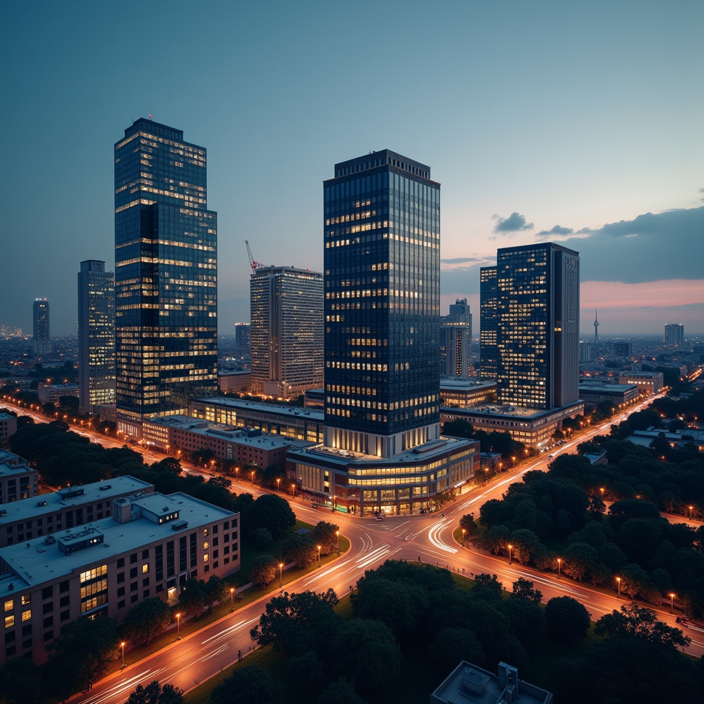 Modern Milan financial district skyline at dusk with illuminated corporate buildings and architectural steel structures