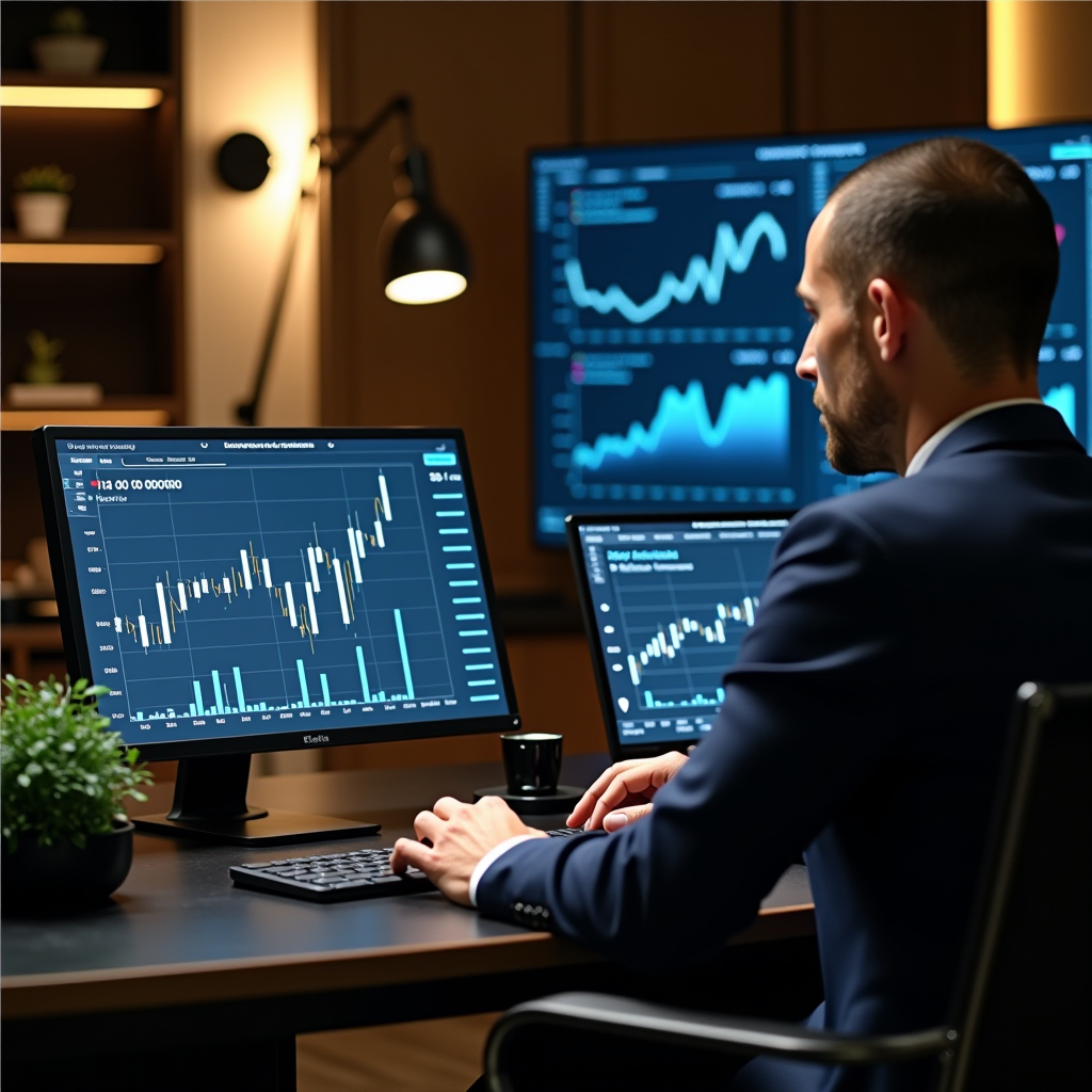 Consulente finanziario MBFACTA SPA durante sessione di analisi patrimoniale con cliente in elegante ufficio milanese, con schermi che mostrano grafici di performance di portafoglio, analisi di asset allocation e proiezioni finanziarie a lungo termine