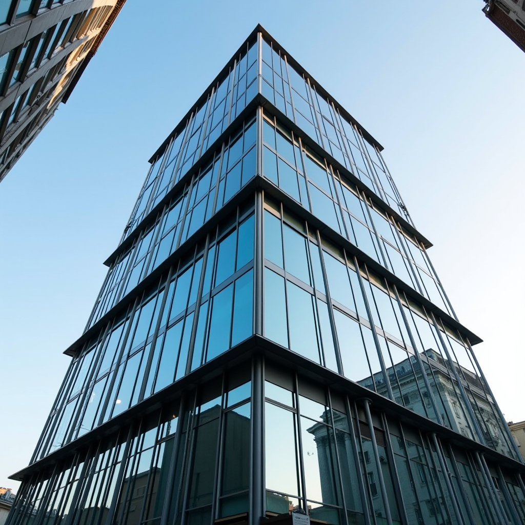 Edificio moderno con facciata in vetro e architettura in acciaio nel distretto finanziario di Milano, fotografia corporate professionale, vista grandangolare, cielo azzurro sullo sfondo, architettura italiana contemporanea