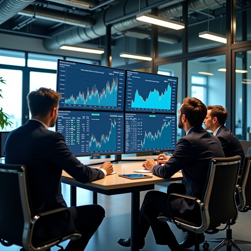 Team di gestori professionali di MBFACTA SPA che analizzano dati finanziari su schermi multipli in un moderno ufficio corporate con architettura in acciaio e vetro, ambiente professionale con illuminazione naturale