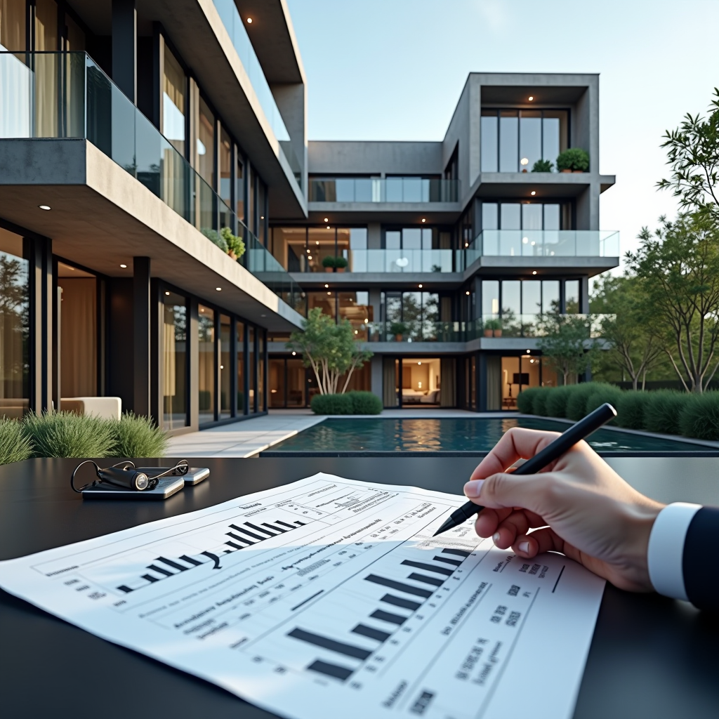 Modern luxury residential property in Milan with contemporary architecture, glass facades and steel elements, representing premium real estate financing solutions, professional property valuation scene with financial documents and building blueprints