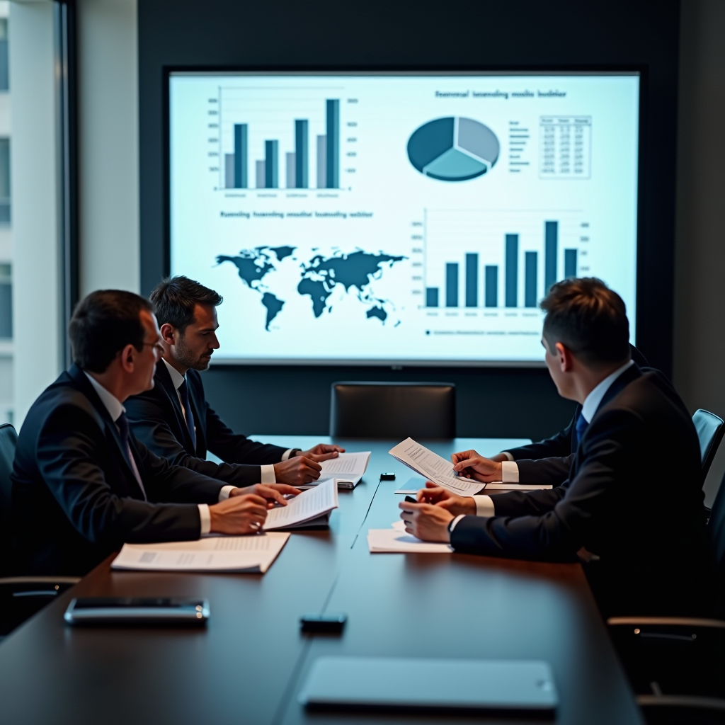 Corporate CFO and financial advisors in modern Milan boardroom reviewing strategic financial planning documents, cash flow analysis charts, and business expansion projections on large presentation screen, professional corporate environment