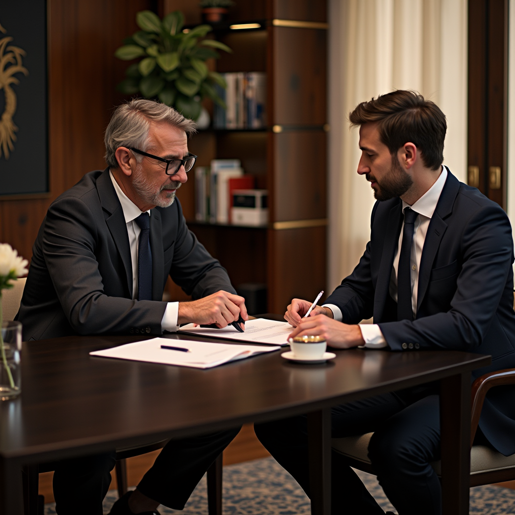 Exclusive private wealth management meeting in luxurious Milan office with high-net-worth client and dedicated relationship manager, discussing multigenerational wealth planning, estate protection strategies, and philanthropic initiatives, premium corporate setting with sophisticated decor